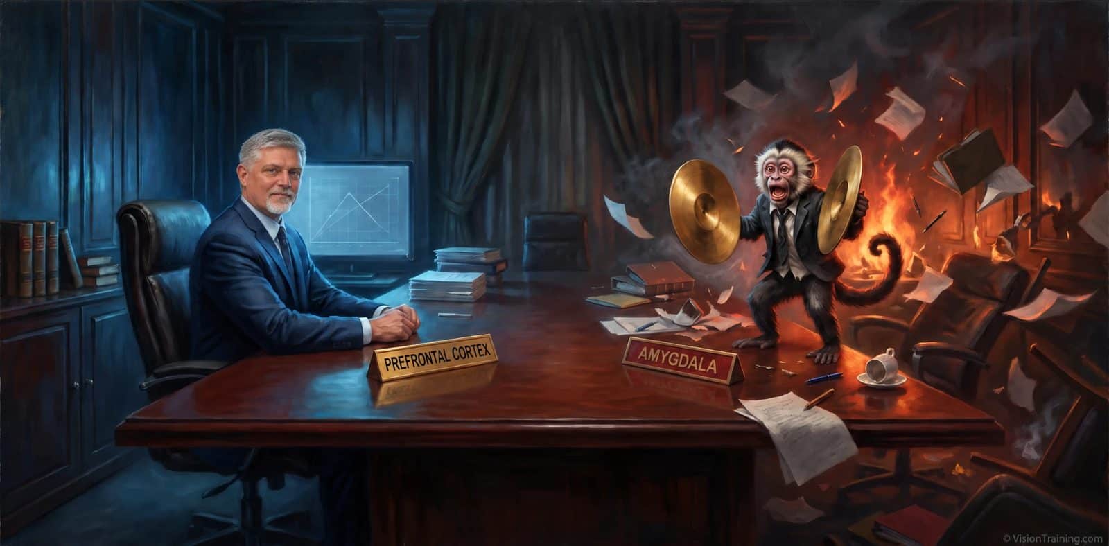 Painting of a calm executive at a desk while a panicking monkey in a suit crashes cymbals as the office burns