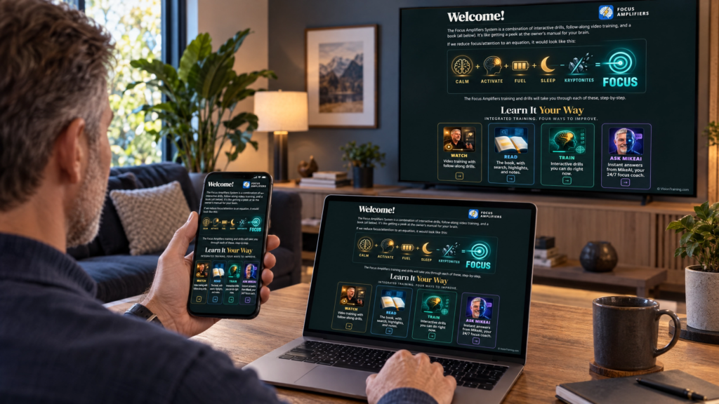 Focus Amplifiers open on a phone, a laptop, and a TV at the same time